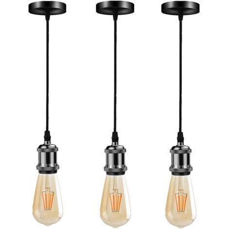 Pair - 3 pièces Industriel Suspension en métal,Vintage Lampe Suspendue Douille de lampe E27(Noir)