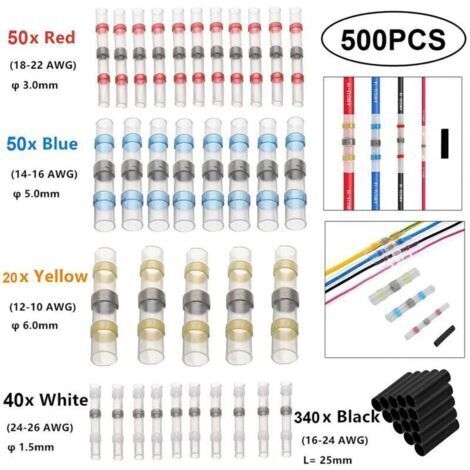 Pair 500Pcs Joint de Soudure Connecteur de Fil-Connecteurs Bout à Bout à Souder par Rétrécissement-Kits de Connecteurs à Souder-Bornes de fil Étanches Isolées pour Automobiles et Navires