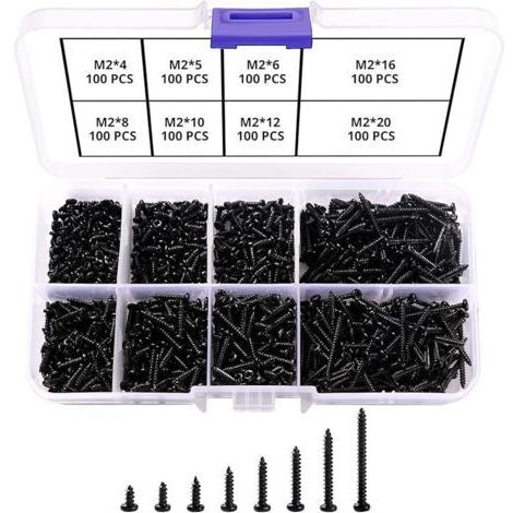 Pair 800 Pièces M2 Vis Autoperceuses à Tête Croisée, Vis Autotaraudeuse, Micro Vis à Tête Cylindrique, pour Plastique Bois Métal Mou (Vis Miniatures Noires)