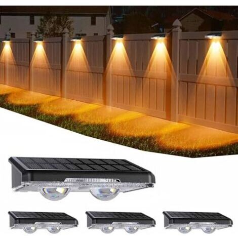 Pair Applique Murale Exterieur Solaire Lot de 4, IP44 Étanche Lampe Solaire Exterieur avec 11 Modes, Blanc Chaud & Blanc Froid & Multicolore Applique Solaire Exterieur pour Jardin, Murale,