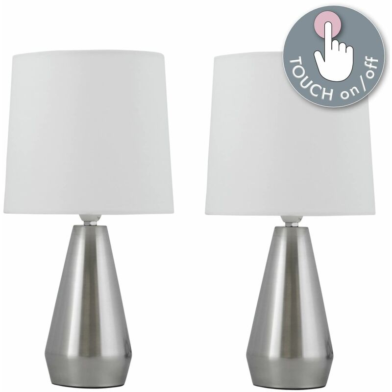 Set of Two Brushed Chrome Touch Lamps with Ivory Shades