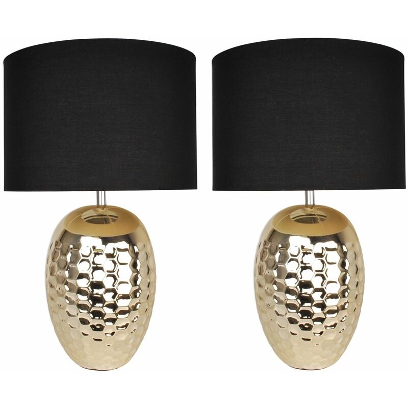 Set of 2 Textured Ceramic Bedside Table Light with Pale Gold Plated Finish and Black Textured Cotton Fabric Shade