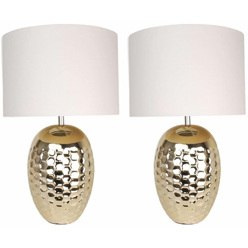 Set of 2 Textured Ceramic Bedside Table Light with Pale Gold Plated Finish and White Textured Cotton Fabric Shade