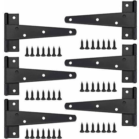 Pair - Charniere Porte Lourde 6pcs, Charniere Porte 6 Pouces, Charnière en T Noires, Charniere Plate Inox Charnières de Portes en Fer Charnières Robustes pour Portes, Fenêtres, Abris de Jardin