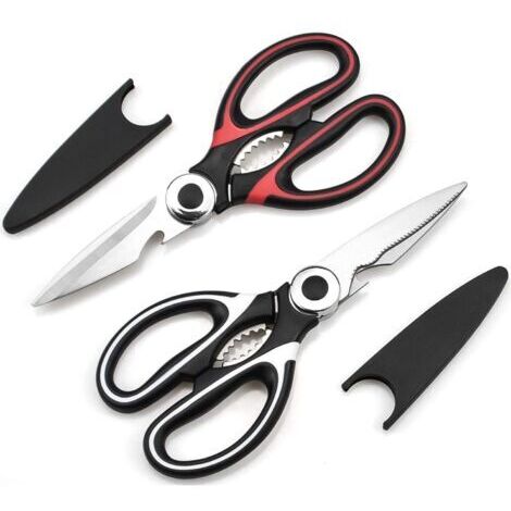 Pair - Ciseaux Cuisine, Ciseaux Cuisine Robustes, Professionnel Acier Inoxydable Ciseaux,Multiusage Ciseaux avec Couvercle(Blanc & Rouge)