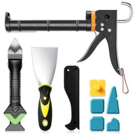 Pair Ensemble de presse à cartouche, pistolet à cartouche de silicone et outil de retrait de mastic, grattoir à joints pour salle de bain, cuisine, sol, fenêtre, joints d'évier, cadres