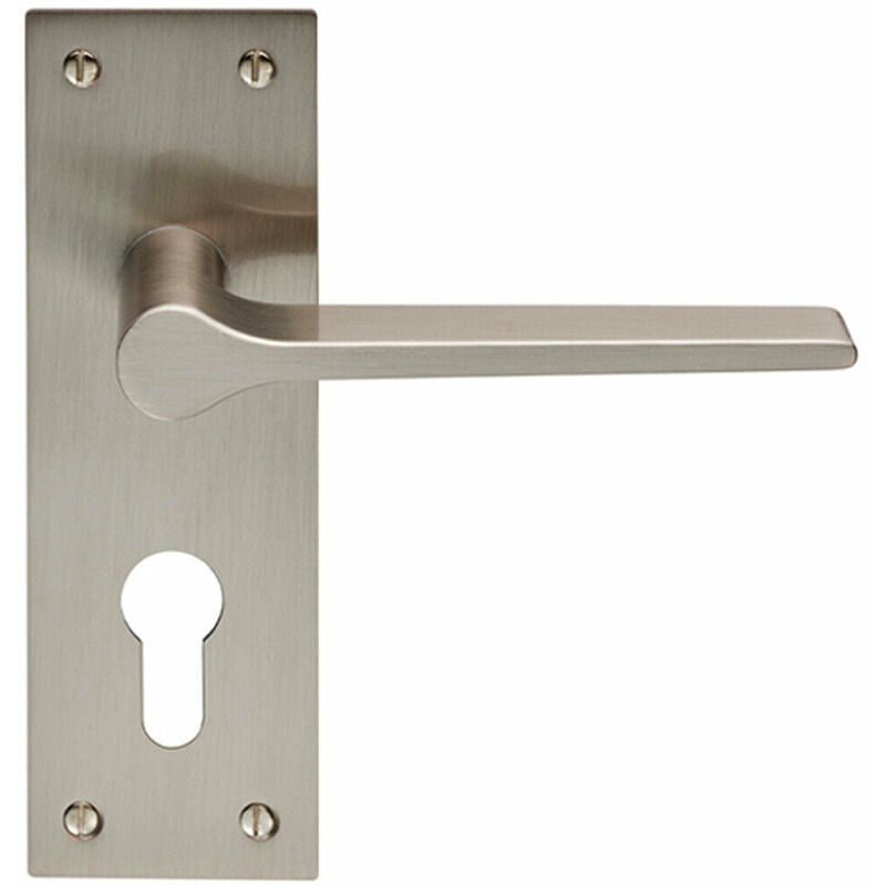 Pair Flat Straight Lever on Slim Euro Lock Backplate 150 x 50mm Satin Nickel