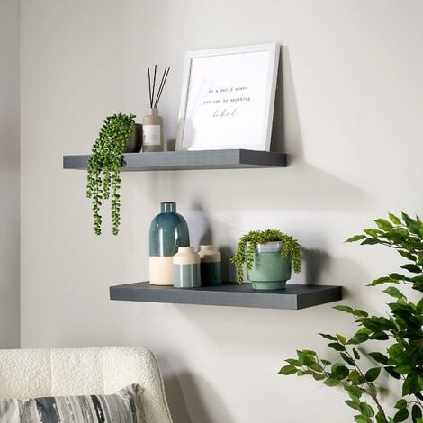 Pair Floating Wall Mounted Book Storage Shelf Wooden 60cm Bookshelves Matt Grey