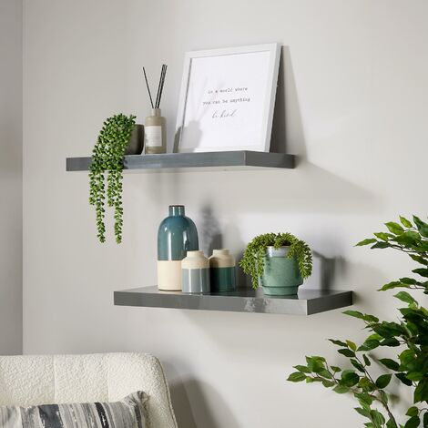 Pair Floating Wall Mounted Storage Shelf Wooden 60cm CD Bookshelves Gloss Grey