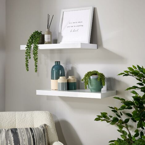 Pair Floating Wall Mounted Storage Shelf Wooden 60cm CD Bookshelves Gloss White