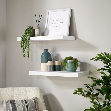 Pair Floating Wall Mounted Storage Shelf Wooden 60cm DVD Bookshelves Matt White