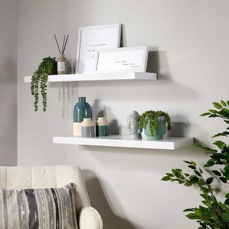 Pair Floating Wall Mounted Storage Shelf Wooden 80cm CD Bookshelves Gloss White