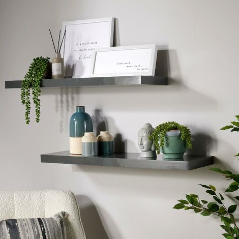 Pair Floating Wall Mounted Storage Shelf Wooden 80cm DVD Bookshelves Gloss Grey