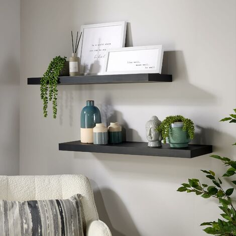 Pair Floating Wall Mounted Storage Shelf Wooden 80cm DVD Bookshelves Matt Black