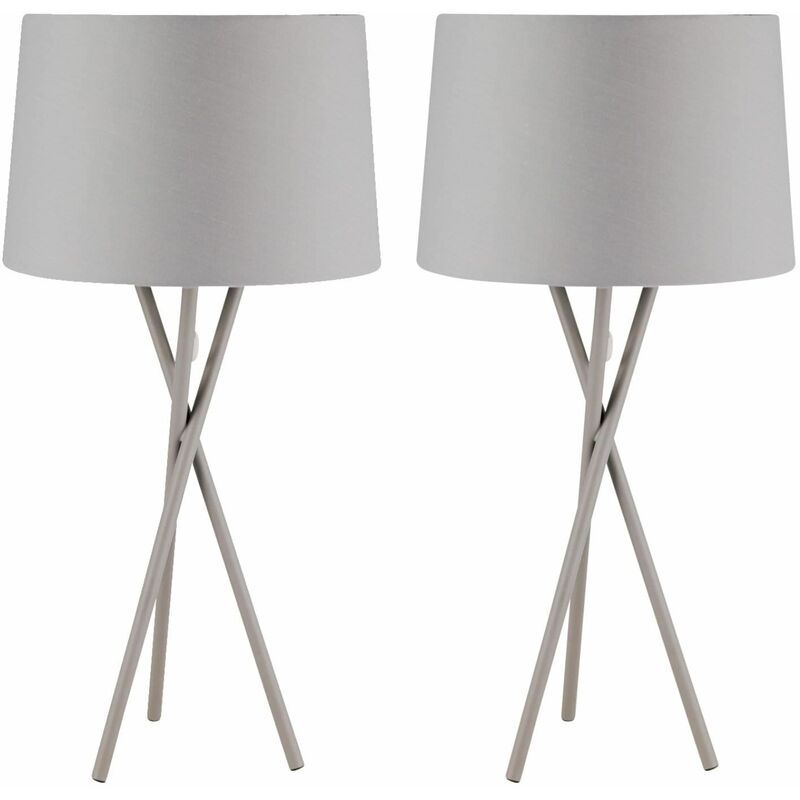 Pair Grey Tripod Table Lamp with Grey Fabric Shade