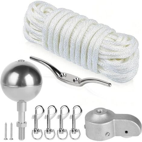 Pair Kit D'accessoires pour Mât de Drapeau, Kit de Pièces de Réparation avec Pointe de Boule Dorée, Ø 5,1 cm Topper avec Poulie, Corde en Nylon de 15 m, Mousqueton, Taquet, pour Déco Maison, Argent