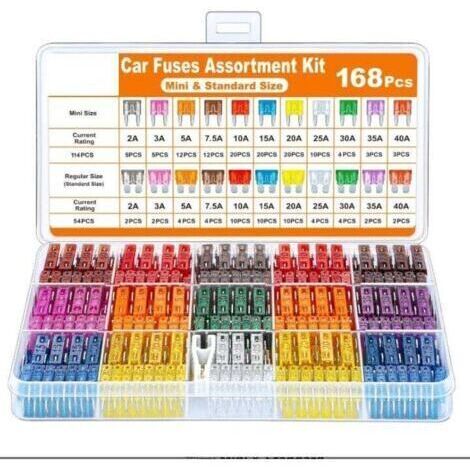 pair Kit de 168 fusibles pour voitures, camions, camping-cars, poids lourds et motos (2 A, 3 A, 5 A, 7,5 A, 10 A, 15 A, 20 A, 25 A, 30 A, 35 A, 40 A). Mini-fusibles et fusibles automobiles standard.