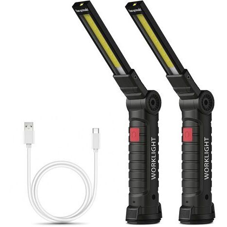 Pair - Lampe de poche rechargeable, lampe de travail, lampe d'atelier, lampe de poche COB avec base magnétique, lampe de camping 5 modes pour garage, camping, urgence et plus (grande, 2 pièces)