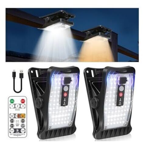 Pair Lampes solaires d'extérieur, lot de 2 à pince avec détecteur de mouvement, 70 LED et 3 températures de couleur, alimentation USB et télécommande, pour l'éclairage du jardin, de la clôture et des 