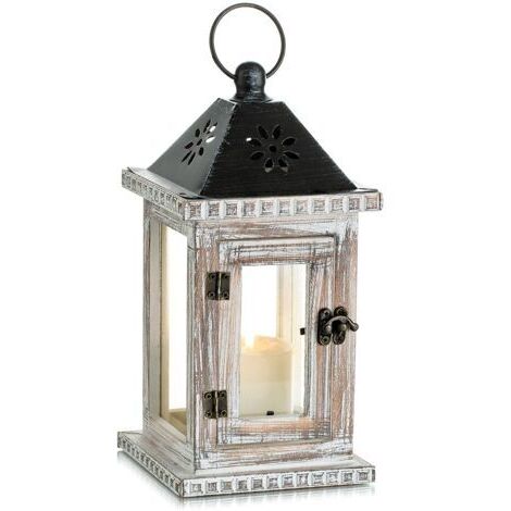Pair - Lanterne Bougie Bois Exterieur, 28cm Lanterne Decorative Bougeoir Vintage,Table Maison Jardin Deco, Blanc