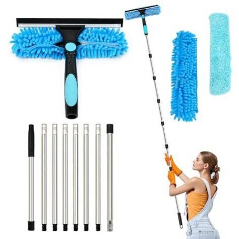 Pair Lave-vitres extensible de 3.1 m, appareil de nettoyage de vitres 2 en 1, outil de nettoyage télescopique pour vitres hautes et vitres de voiture
