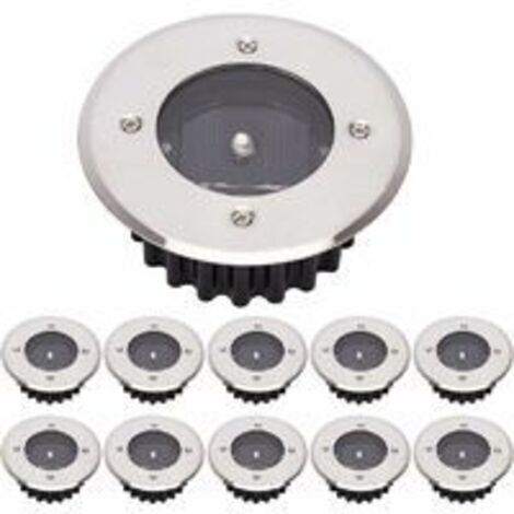Pair Lot de 10 lampes solaires au sol à LED pour éclairage extérieur, poteau de rue, éclairage enterré IP65 étanche (blanc froid, rond) [Classe énergétique A+]
