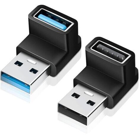 Pair Lot de 2 adaptateurs USB 3.0 coudés à 90 degrés - Angle vers le haut et vers le bas - USB A mâle vers U-S-B-A femelle - Adaptateur de charge rapide et de transfert de données pour PC, ordinateur