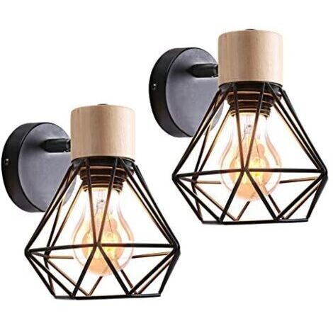Pair Lot de 2 Appliques Murales Industrielles Design Cage en Métal Lampe Murale Bois Décoration Ajustable Vintage Luminaire Interieur pour Chambre Couloir Salon, 16CM