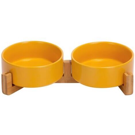 Pair - Lot de 2 gamelles orthopédiques doubles chat avec socle en bois antidérapant, en céramique, 13 cm, jaune