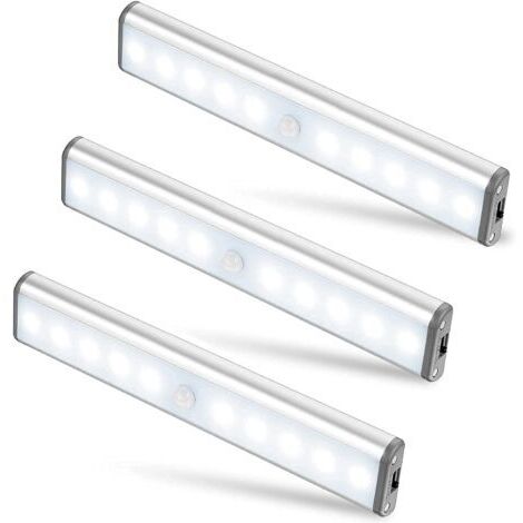Pair - Lot de 3 Lampes 10 LED, Sans Fil, Rechargeable par USB, Aimanté, Détecteur de Mouvement, 2 Modes d’Éclairage, Portable. Lumière de Placard, Baladeuse de Secours, Veilleuse Enfant, Appoint … [Cl