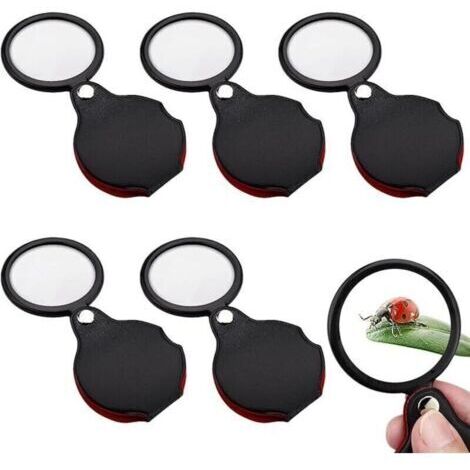 Pair Lot de 5 mini loupes de poche 10x de 5,3 cm avec gaine de protection rotative en cuir pour personnes âgées, portable et pliable pour lecture, travail rapproché, cadeau pour personnes âgées