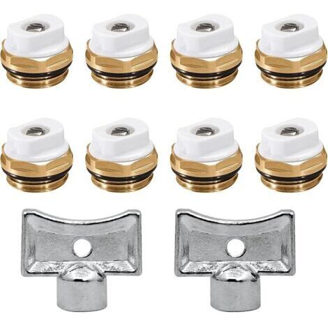 Pair Lot de 8 valves de purge de radiateur en laiton 1/2\" avec 2 clés de purge - Valve de chauffage manuelle - Buse d'échappement