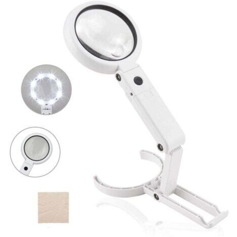 Pair Loupe de poche 5X 11X avec éclairage sur pied et 8 LED, loupe de lecture, loupe de table avec pied pliable, pour lecture, inspection, soudure, bricolage, réparation, Ø 75 mm