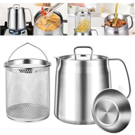 Pair Marmite filtrante en acier inoxydable de 2 L, récipient à graisse de bacon avec tamis et panier à friture, tamis à huile 2 en 1, tamis, séparateur d'huile, rangement, aide en cuisine.