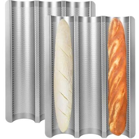 Pair Moule à baguettes antiadhésif, lot de 2 pour 3 baguettes, 38 x 28 cm, moule argenté pour pain français, cadeau idéal pour les amateurs de pâtisserie.