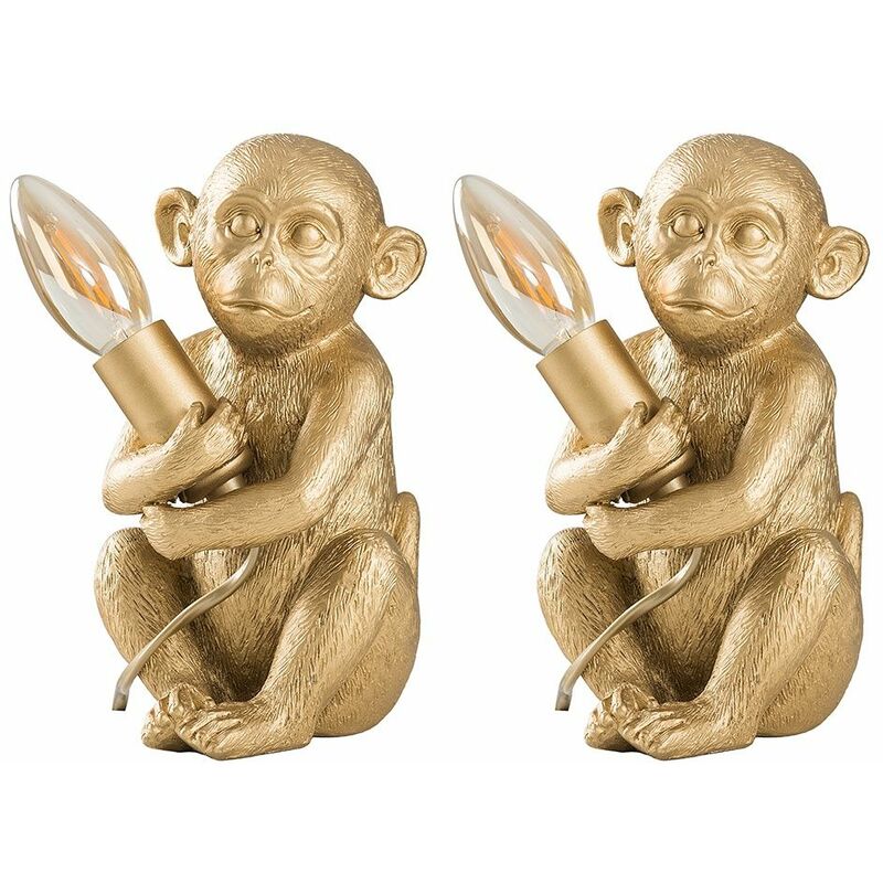 2 x Baby Monkey Table Lamps - Gold - No Bulb