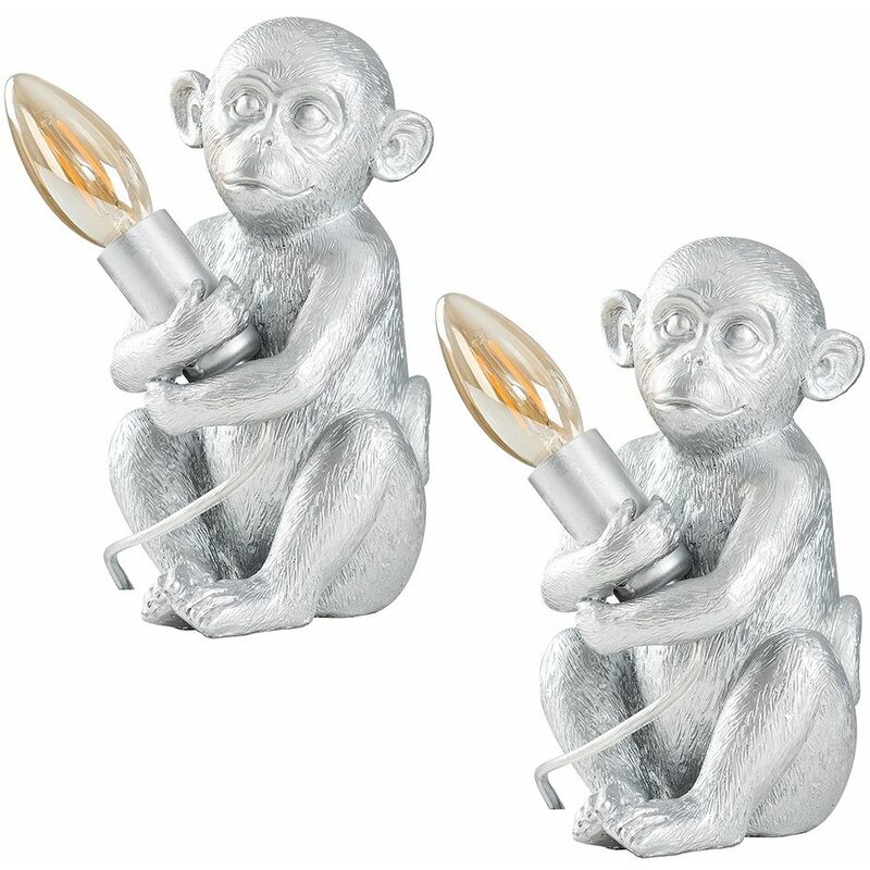2 x Baby Monkey Table Lamps - Silver - No Bulb