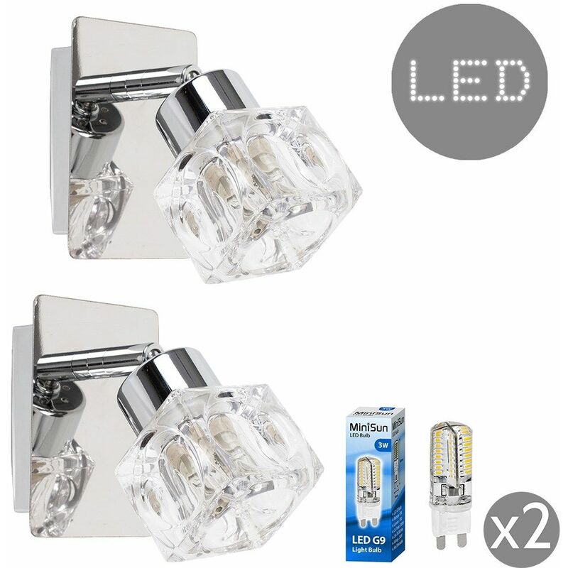 2 x Chrome Plate & Clear Glass Ice Cube Shade Wall Spotlight Lamps + 2 x 3W G9 led Light Bulbs