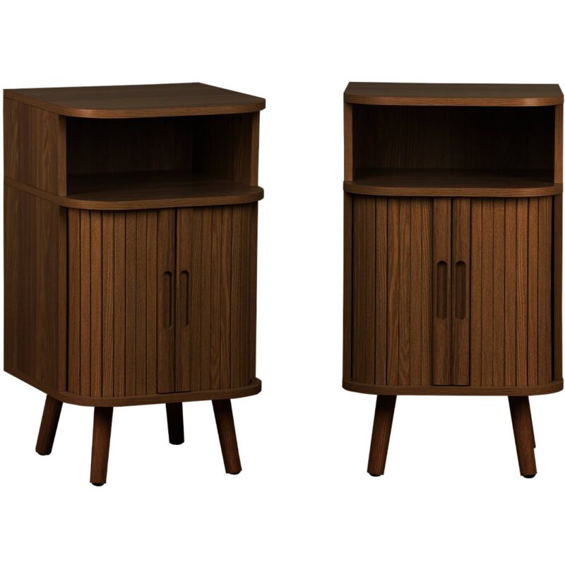 Sweeek Set Of 2 Bedside Tables With 2 Sliding Doors + 1 Niche, Grooved Wood Effect, Walnut, Legacy, L 40 X D 40 X H 70cm