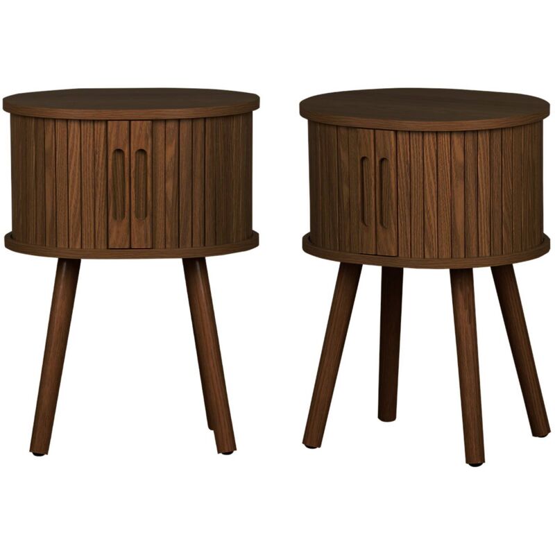 Sweeek Set Of 2 Oval Bedside Tables With 2 Sliding Doors And Hollow Handles, Grooved Wood Effect, L40 X W34 X H54.8cm