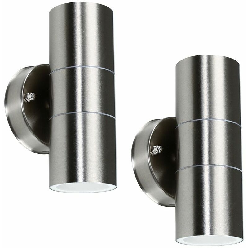 2 x Brushed Chrome Outdoor Garden Up/Down Security Wall Lights - No Bulbs