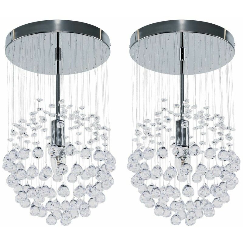 2 x Chrome Ceiling Lights + Suspended Clear Acrylic Droplets