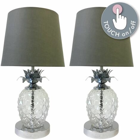 Pair of Chrome Pineapple Touch Lamps with Grey Shades - Polished chrome plate with crystal effect glass detail and grey cotton