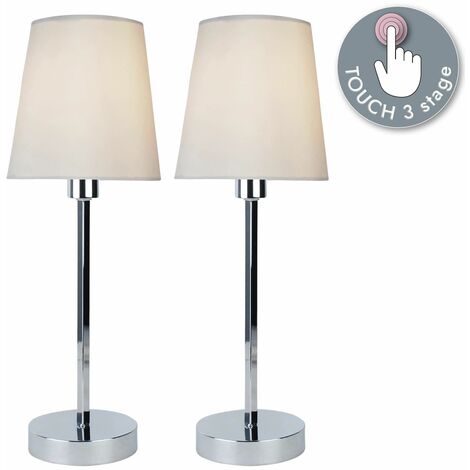 Pair of Chrome Touch Lamps With Ivory Fabric Shades - Polished chrome plate and ivory cotton