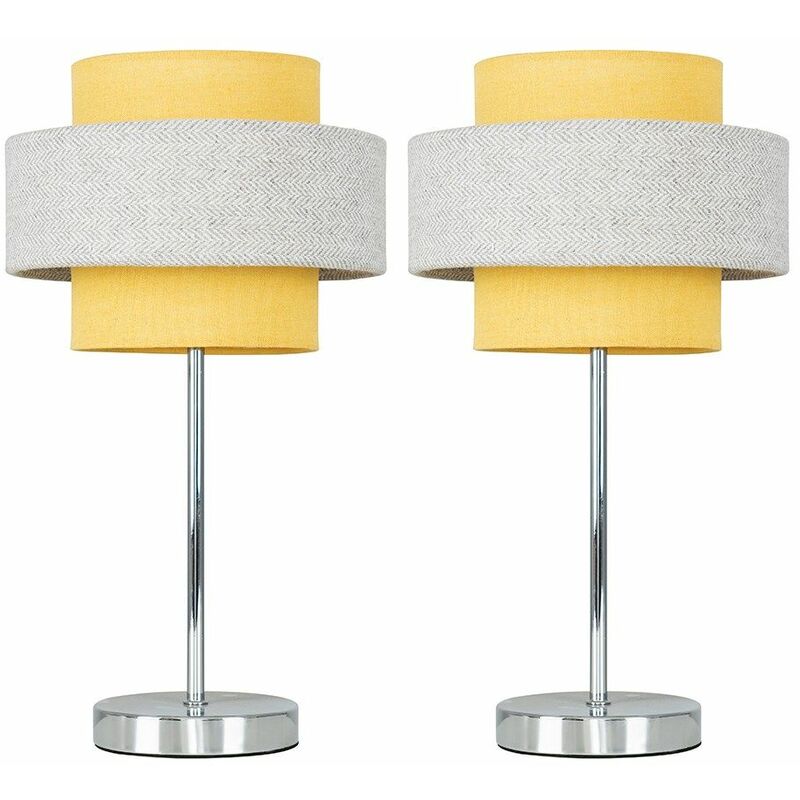 2 x Chrome Touch Table Lamps s - Mustard & Grey Herringbone - Including LED Bulb