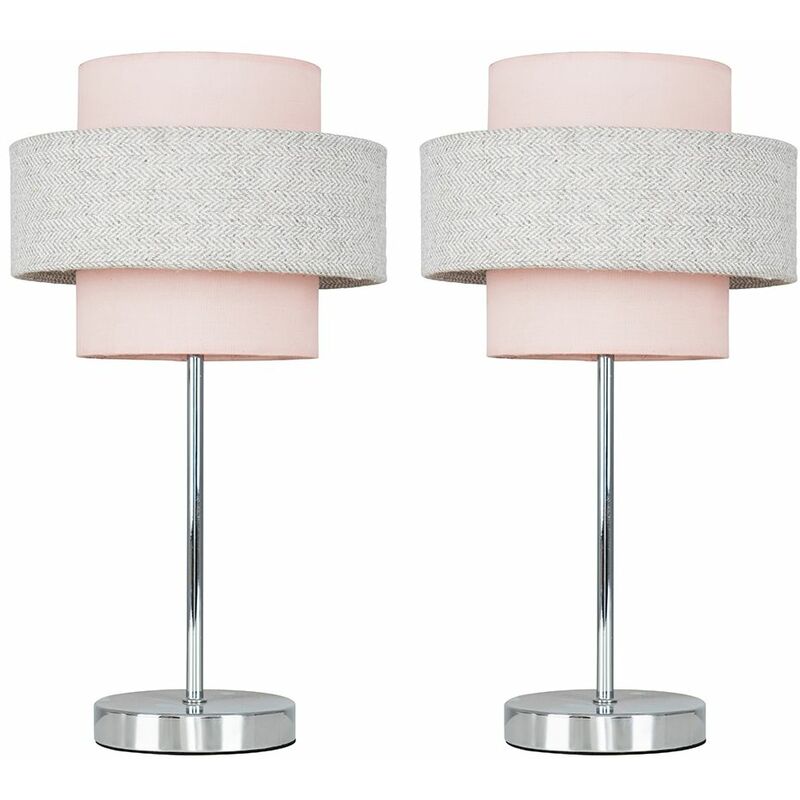 2 x Chrome Touch Table Lamps s - Pink & Grey Herringbone - No Bulb