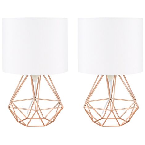 Pair of Copper Metal Cage Table Lamps + White Fabric Shades