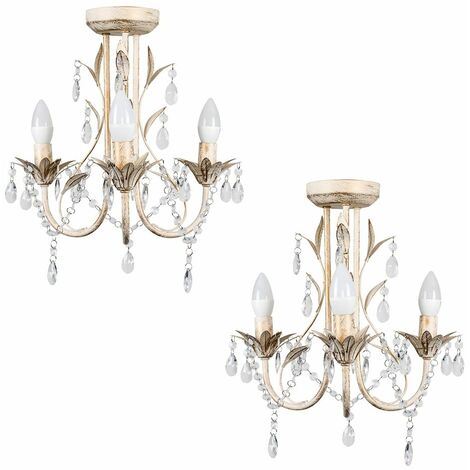 Pair Of Traditional Distressed Cream Shabby Chic 3 Way Ceiling Light Chandeliers