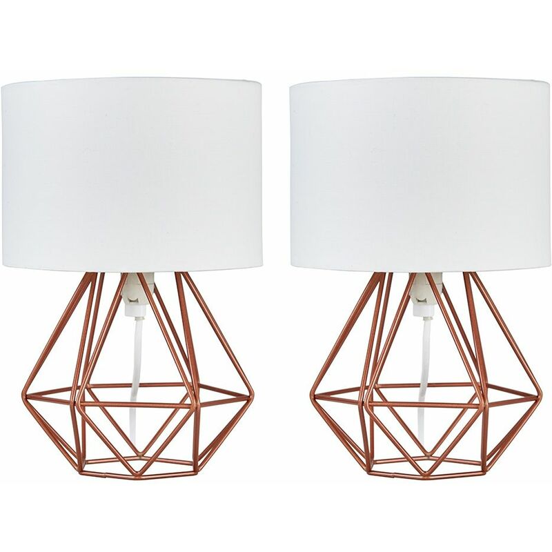 2 x Small Geometric Table Lamps Industrial Metal Cage Design - Copper