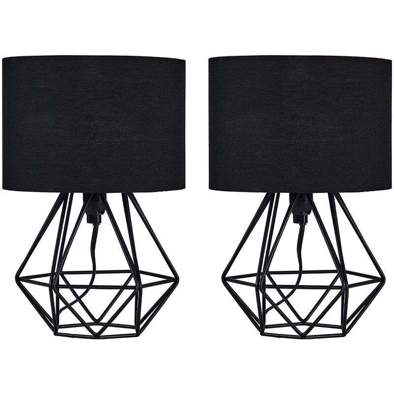 2 x Small Geometric Table Lamps Industrial Metal Cage Design + 4W LED Golfball Bulbs - Black